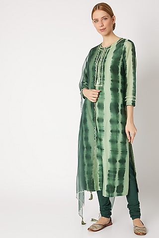 Green Tie-Dye Printed Kurta Set by Devnaagri