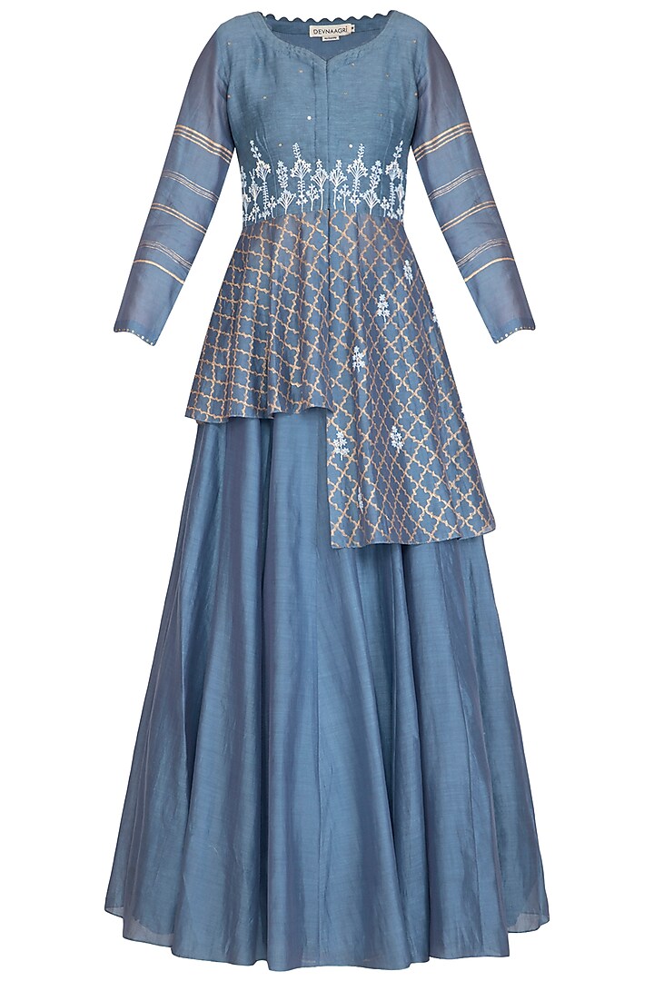 Blue Block Printed & Embroidered Top With Skirt by Devnaagri