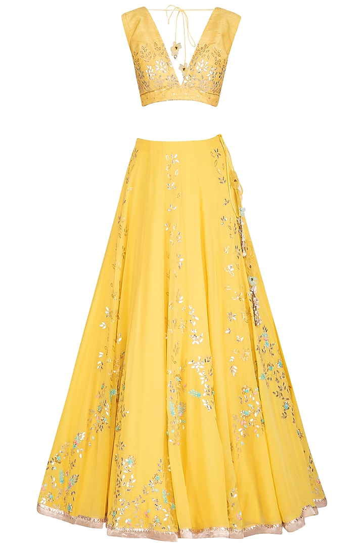 Lemon Yellow Embroidered Bridal Lehenga Set by Devnaagri at Pernia's Pop Up Shop