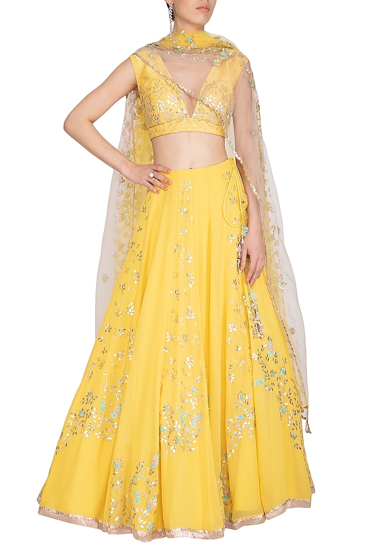Lemon Yellow Embroidered Bridal Lehenga Set by Devnaagri at Pernia's Pop Up Shop