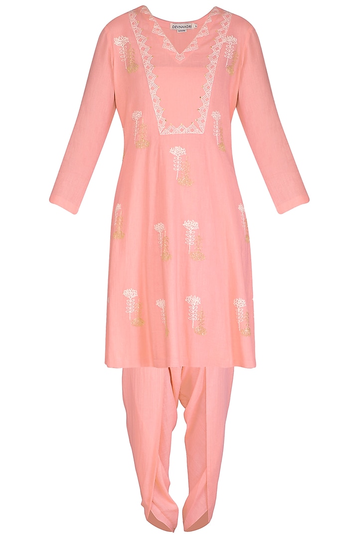 Pink Embroidered & Block Printed Kurta Set by Devnaagri