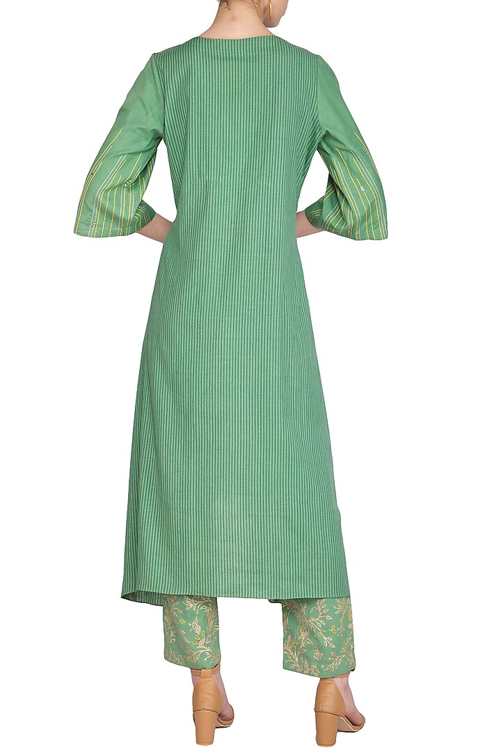 Green Embellished & Block Printed Kurta Set by Devnaagri at Pernia's Pop Up Shop