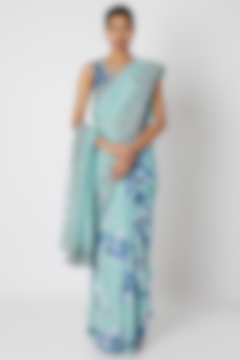 Aqua Blue Printed & Embroidered Saree Set by Devnaagri