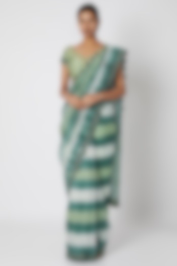 Green Organza Tie-Dye Printed & Resham Cutwork Embroidered Saree Set by Devnaagri