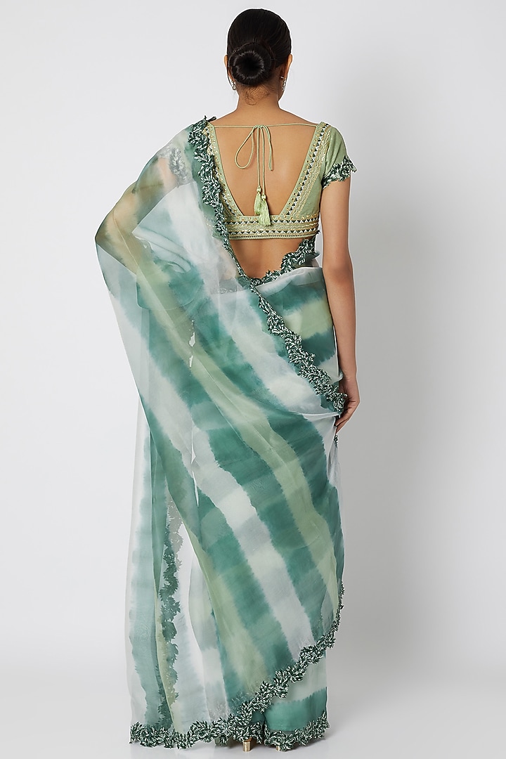 Green Organza Tie-Dye Printed & Resham Cutwork Embroidered Wedding Saree Set by Devnaagri at Pernia's Pop Up Shop