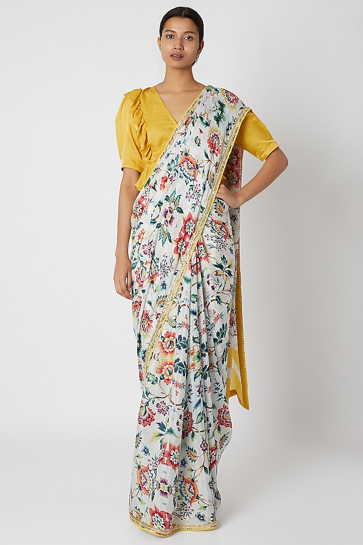 Mustard & White Floral Printed Saree Set by Devnaagri