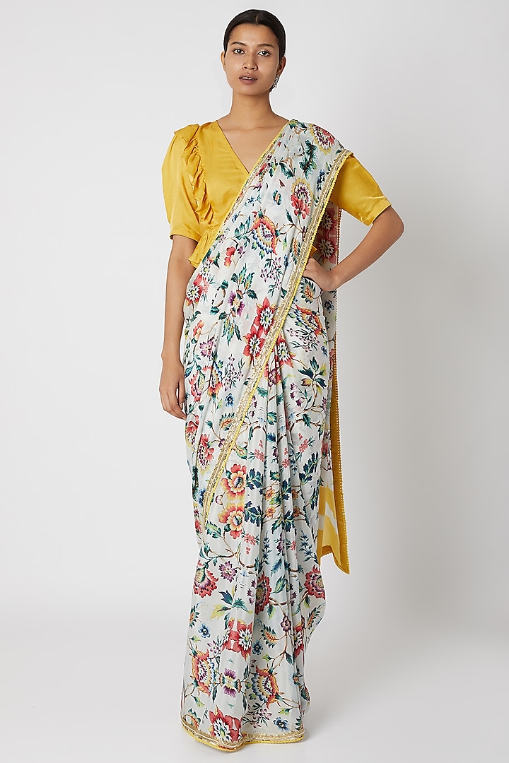 Mustard & White Floral Printed Saree Set by Devnaagri at Pernia's Pop Up Shop