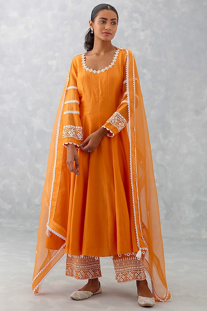 Orange Chanderi Embroidered Anarkali Set by Devnaagri