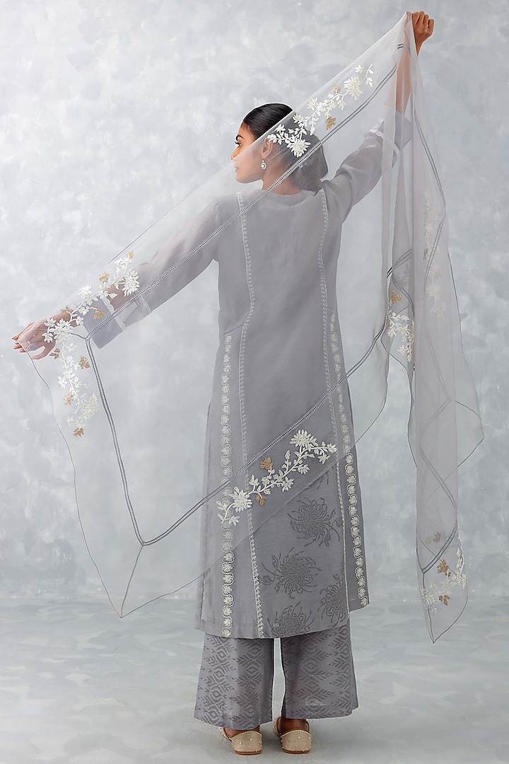 Grey Chanderi Embroidered & Printed Kurta Set by Devnaagri at Pernia's Pop Up Shop