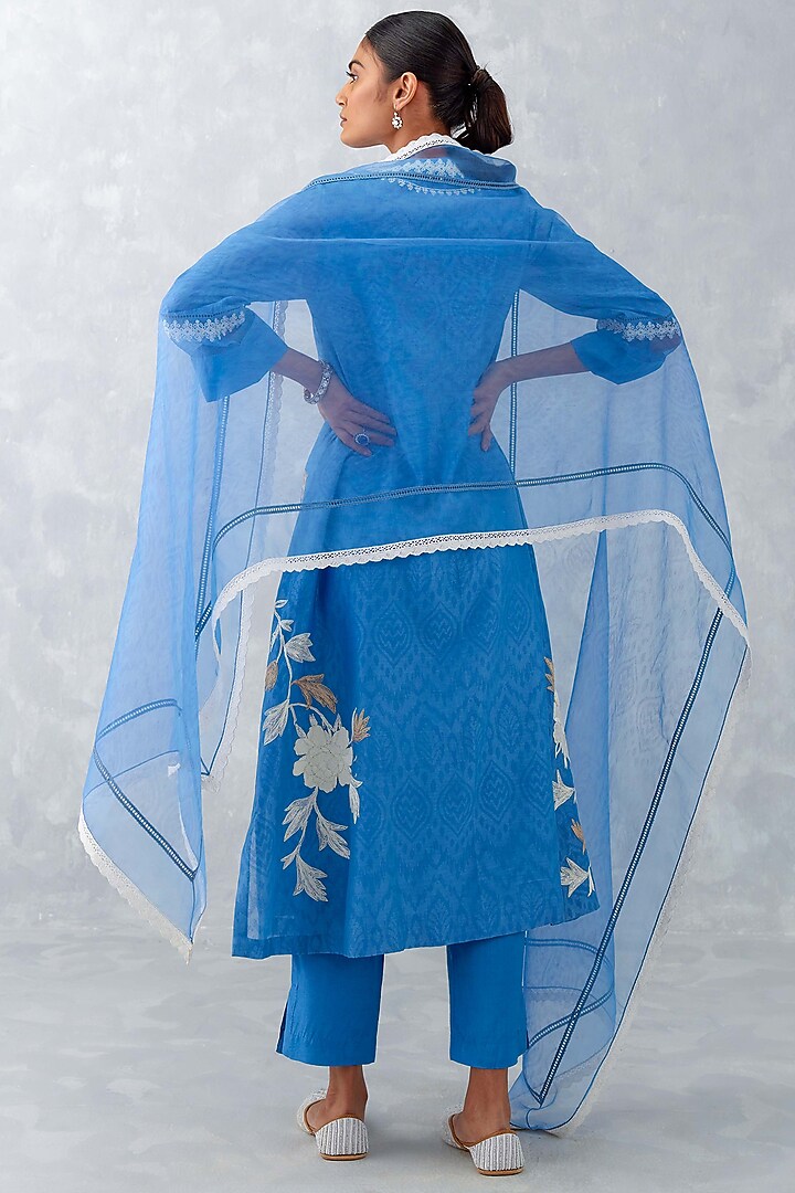 Blue Chanderi Embroidered & Printed Kurta Set by Devnaagri at Pernia's Pop Up Shop