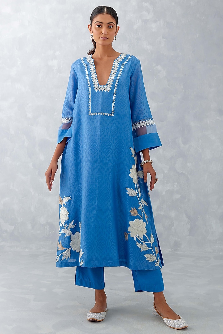 Blue Chanderi Embroidered & Printed Kurta Set by Devnaagri at Pernia's Pop Up Shop