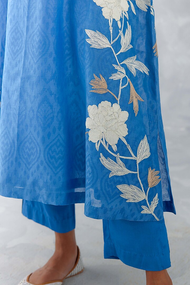 Blue Chanderi Embroidered & Printed Kurta Set by Devnaagri at Pernia's Pop Up Shop