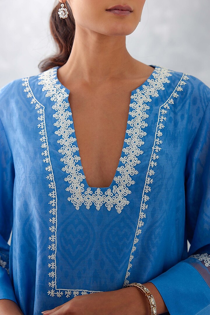 Blue Chanderi Embroidered & Printed Kurta Set by Devnaagri at Pernia's Pop Up Shop