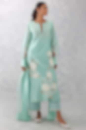 Aqua Blue Chanderi Embroidered Kurta Set by Devnaagri at Pernia's Pop Up Shop