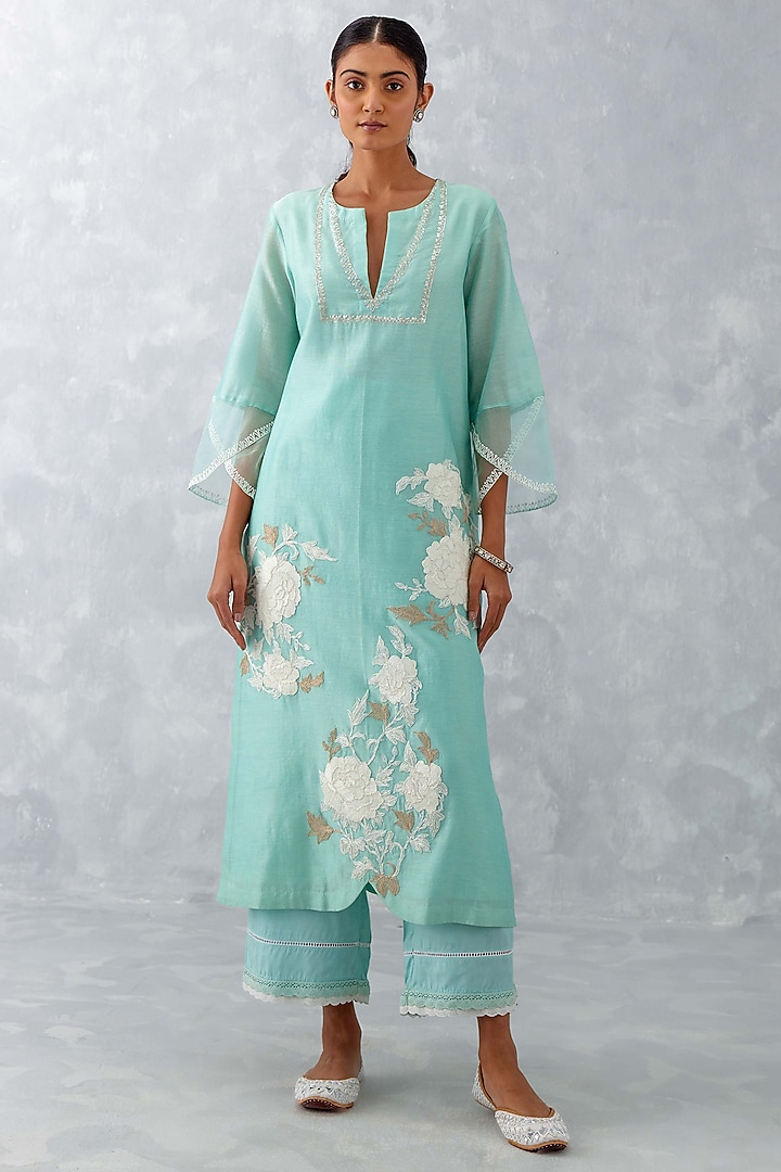 Aqua Blue Chanderi Embroidered Kurta Set by Devnaagri at Pernia's Pop Up Shop