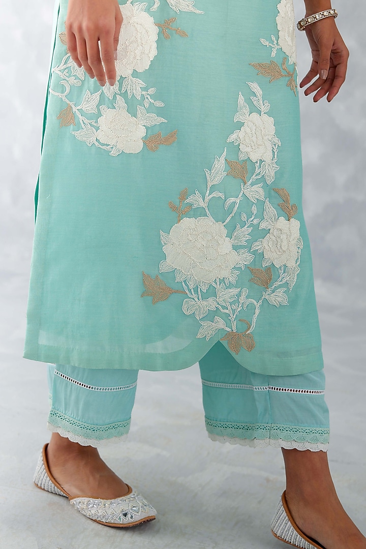 Aqua Blue Chanderi Embroidered Kurta Set by Devnaagri at Pernia's Pop Up Shop