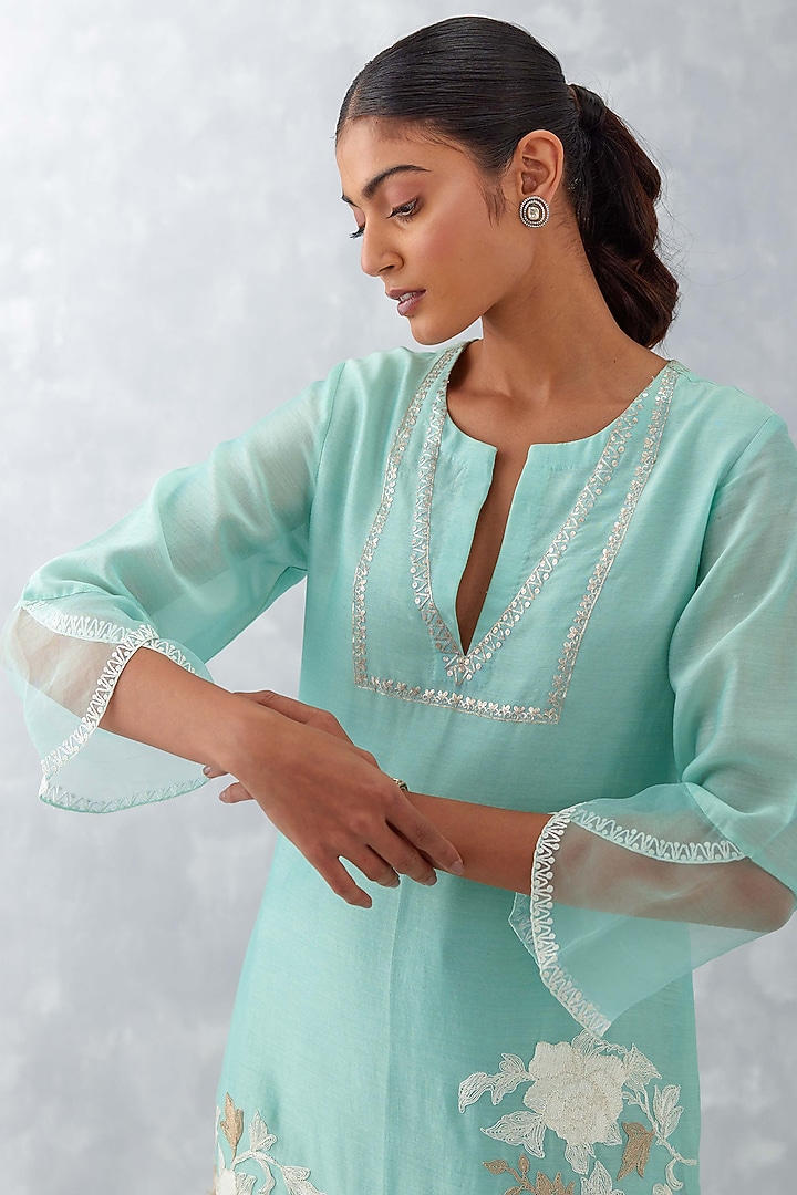 Aqua Blue Chanderi Embroidered Kurta Set by Devnaagri at Pernia's Pop Up Shop
