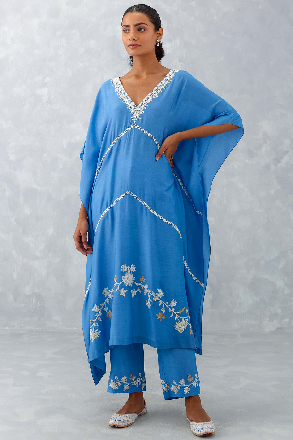 Ice Blue Muslin Embroidered Kaftan Set by Devnaagri at Pernia's Pop Up Shop