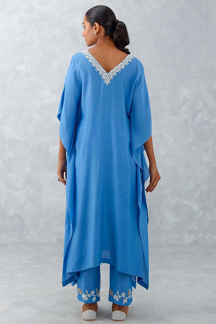 Ice Blue Muslin Embroidered Kaftan Set by Devnaagri at Pernia's Pop Up Shop