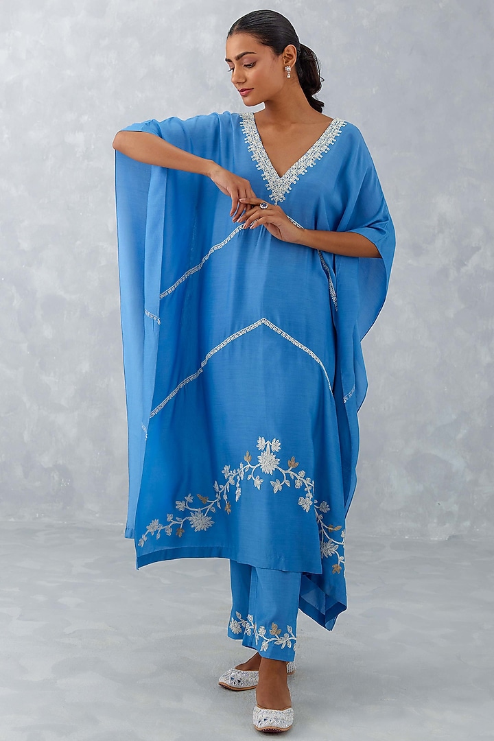 Ice Blue Muslin Embroidered Kaftan Set by Devnaagri at Pernia's Pop Up Shop