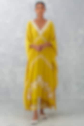Yellow Muslin Embroidered Kaftan Set by Devnaagri