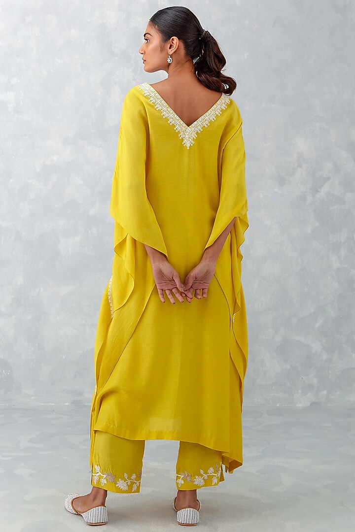 Yellow Muslin Embroidered Kaftan Set by Devnaagri at Pernia's Pop Up Shop