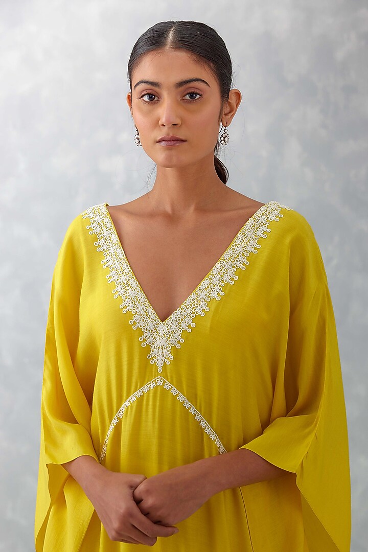 Yellow Muslin Embroidered Kaftan Set by Devnaagri at Pernia's Pop Up Shop