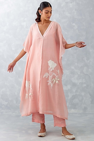 Baby Pink Silk Chanderi Embroidered Kaftan Set by Devnaagri