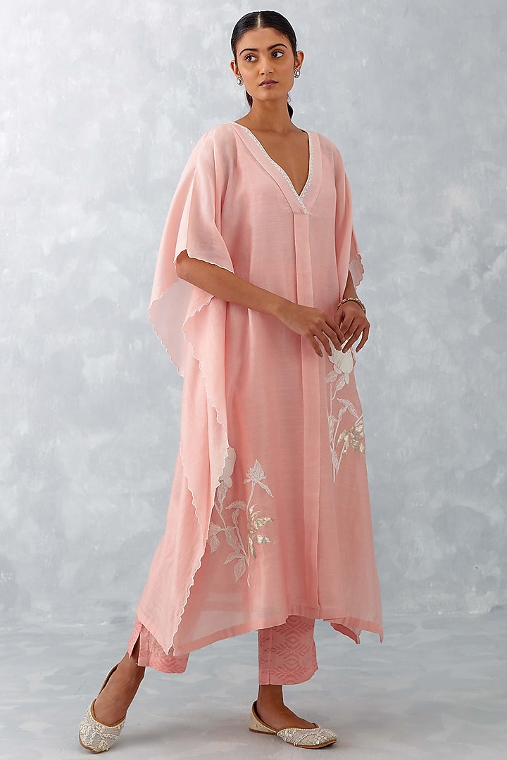 Baby Pink Silk Chanderi Embroidered Kaftan Set by Devnaagri at Pernia's Pop Up Shop