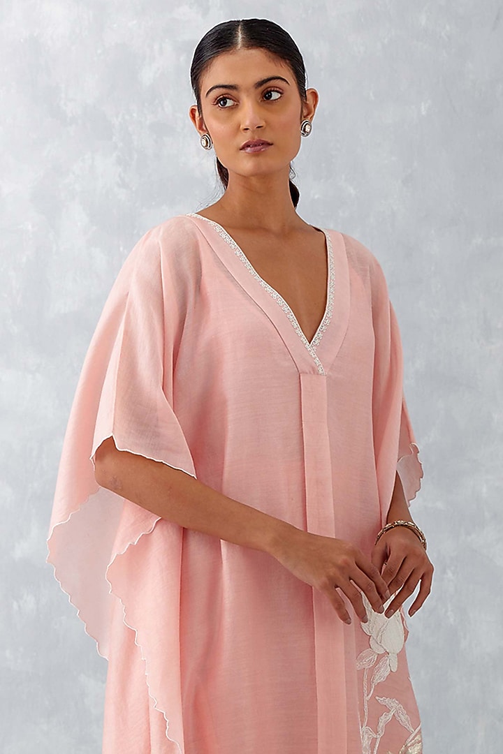 Baby Pink Silk Chanderi Embroidered Kaftan Set by Devnaagri at Pernia's Pop Up Shop