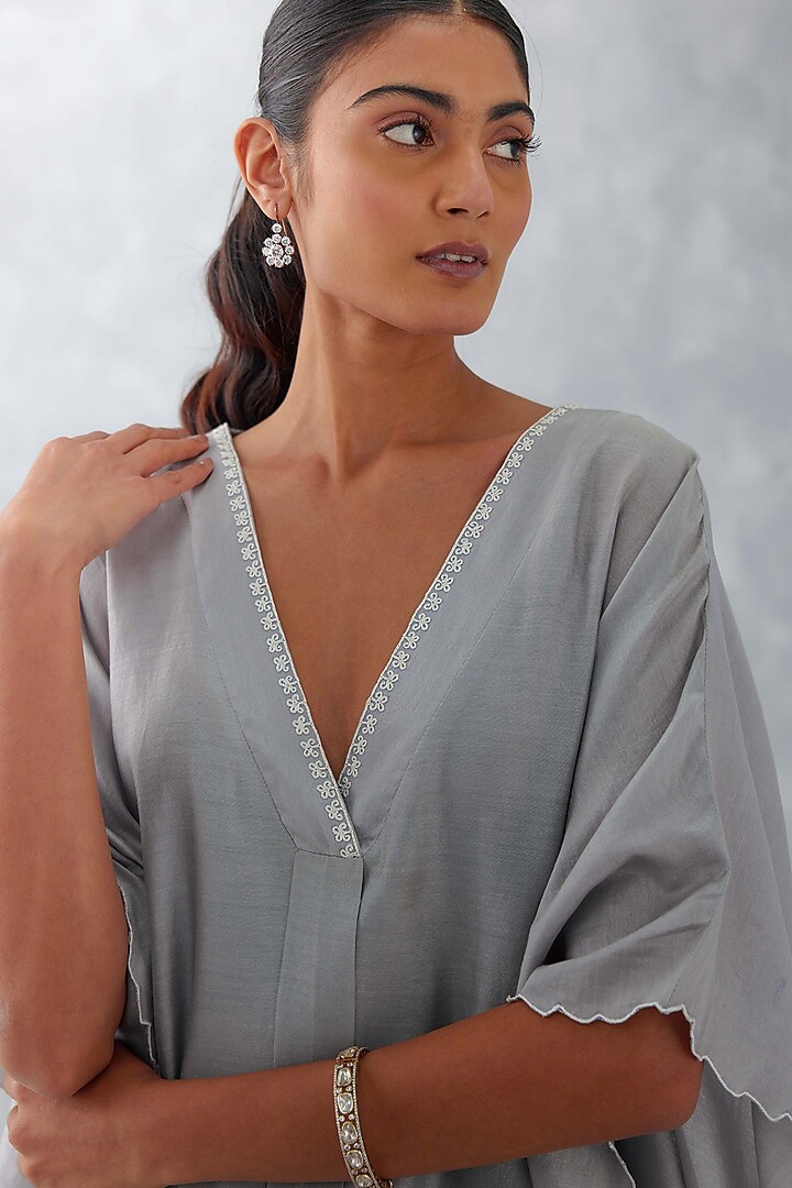 Grey Silk Chanderi Embroidered Kaftan Set by Devnaagri at Pernia's Pop Up Shop