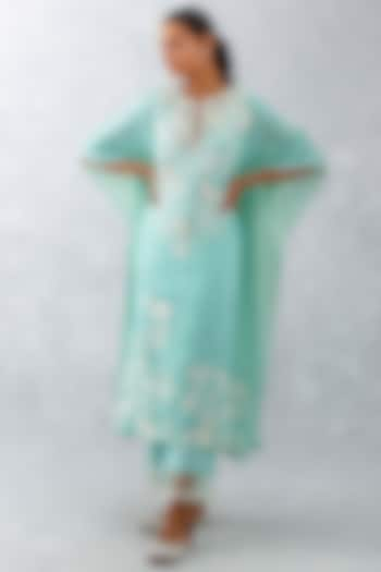 Aqua Blue Cotton Silk Satin Embroidered Kaftan Set by Devnaagri at Pernia's Pop Up Shop