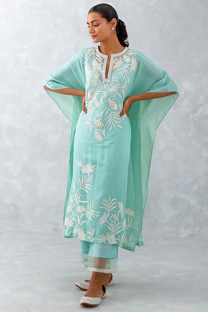 Aqua Blue Cotton Silk Satin Embroidered Kaftan Set by Devnaagri