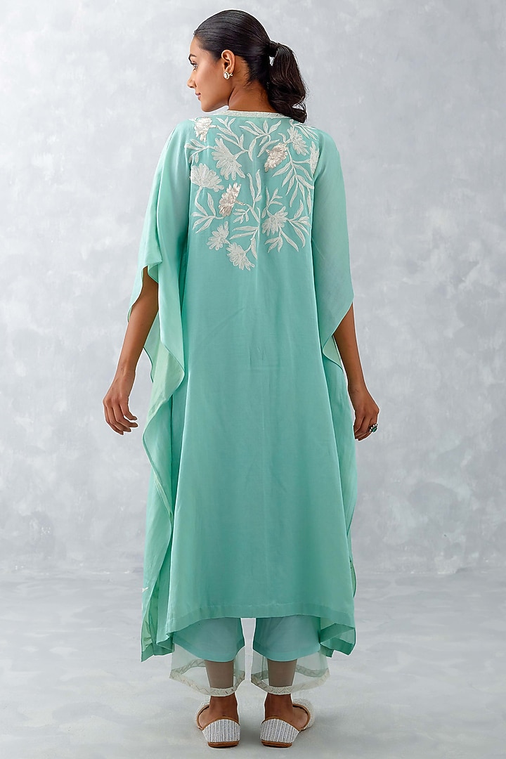 Aqua Blue Cotton Silk Satin Embroidered Kaftan Set by Devnaagri at Pernia's Pop Up Shop