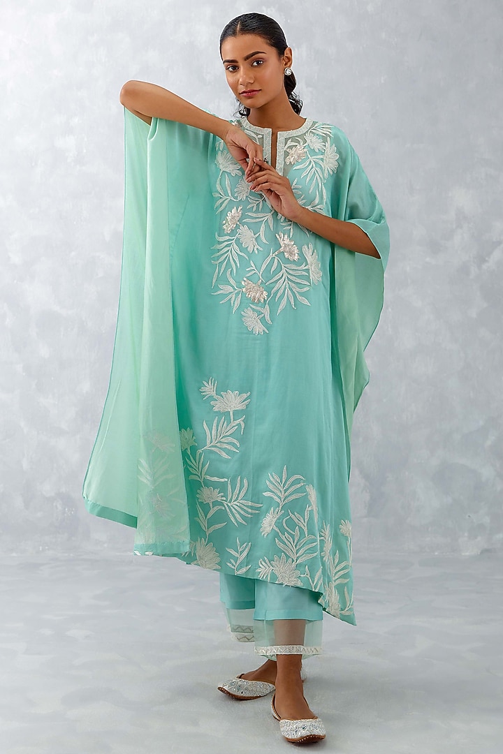 Aqua Blue Cotton Silk Satin Embroidered Kaftan Set by Devnaagri at Pernia's Pop Up Shop