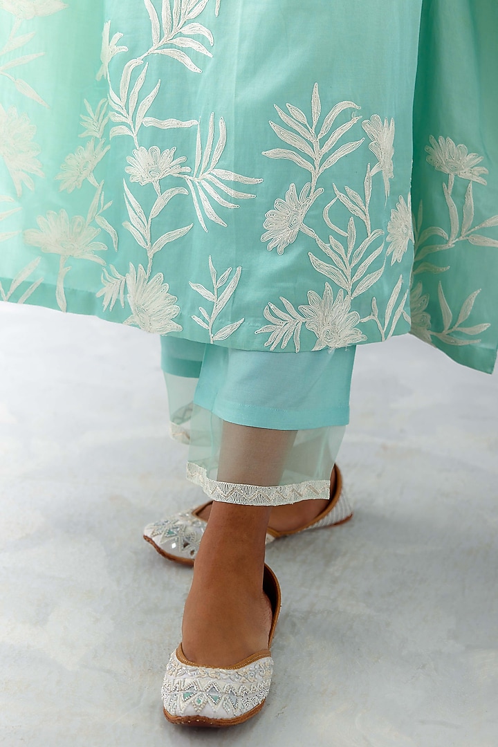 Aqua Blue Cotton Silk Satin Embroidered Kaftan Set by Devnaagri at Pernia's Pop Up Shop