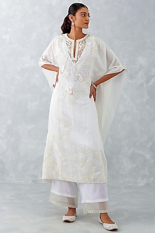 Ivory Cotton Silk Satin Embroidered Kaftan Set by Devnaagri