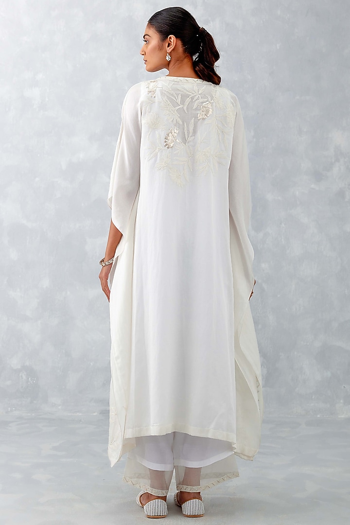 Ivory Cotton Silk Satin Embroidered Kaftan Set by Devnaagri at Pernia's Pop Up Shop