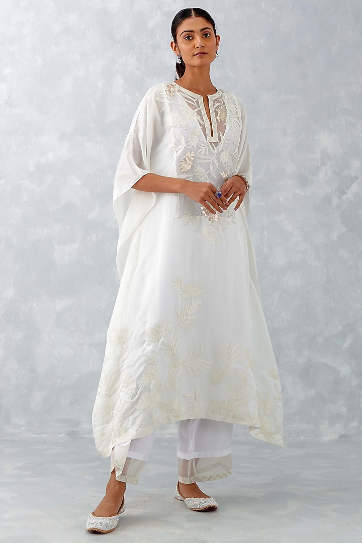 Ivory Cotton Silk Satin Embroidered Kaftan Set by Devnaagri at Pernia's Pop Up Shop