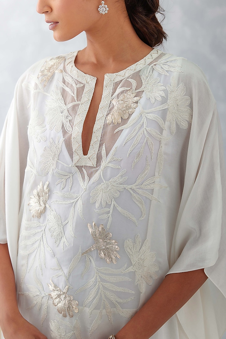 Ivory Cotton Silk Satin Embroidered Kaftan Set by Devnaagri at Pernia's Pop Up Shop