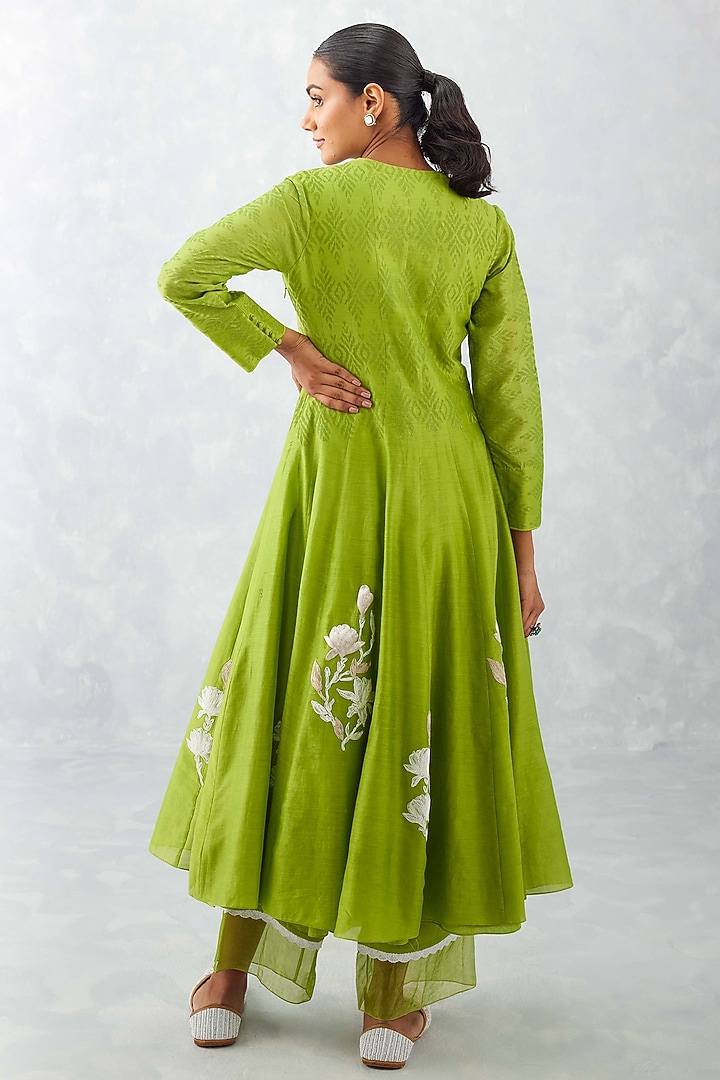 Green Chanderi Printed & Embroidered Wedding Anarkali Set by Devnaagri at Pernia's Pop Up Shop