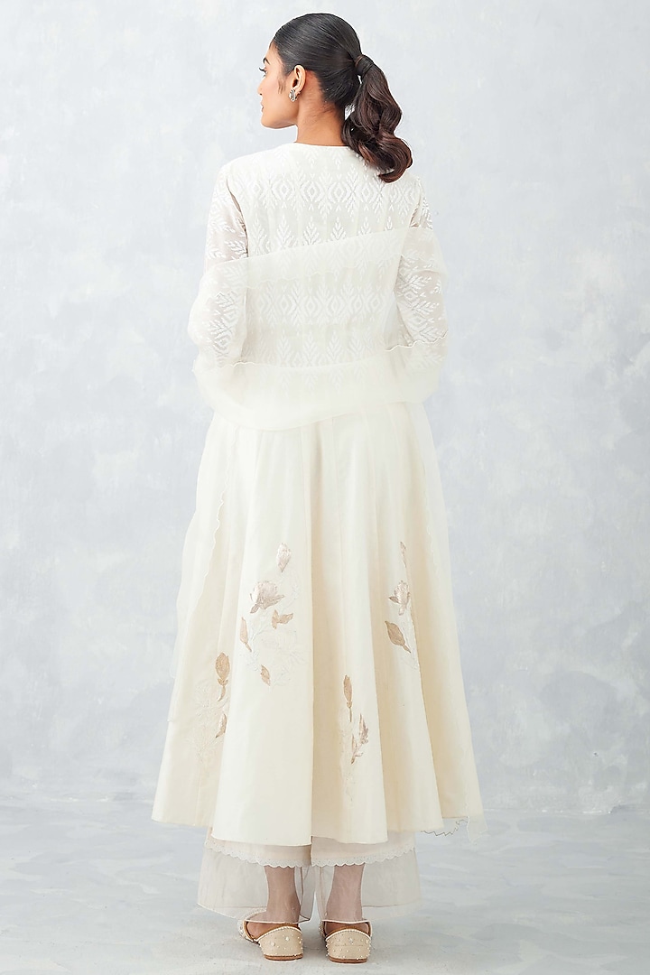 Ivory Chanderi Printed & Embroidered Wedding Anarkali Set by Devnaagri at Pernia's Pop Up Shop