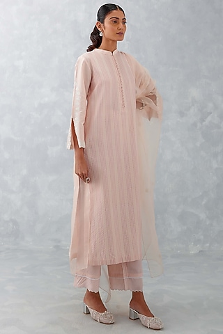 Blush Pink Cotton Silk Blend Embroidered Kurta Set by Devnaagri