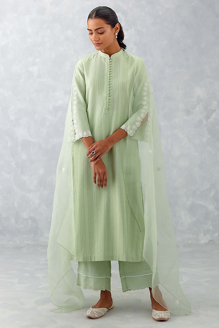 Sea Green Cotton SIlk Blend Embroidered Kurta Set by Devnaagri at Pernia's Pop Up Shop