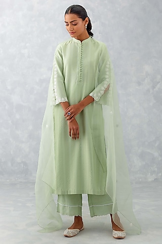 Sea Green Cotton SIlk Blend Embroidered Kurta Set by Devnaagri