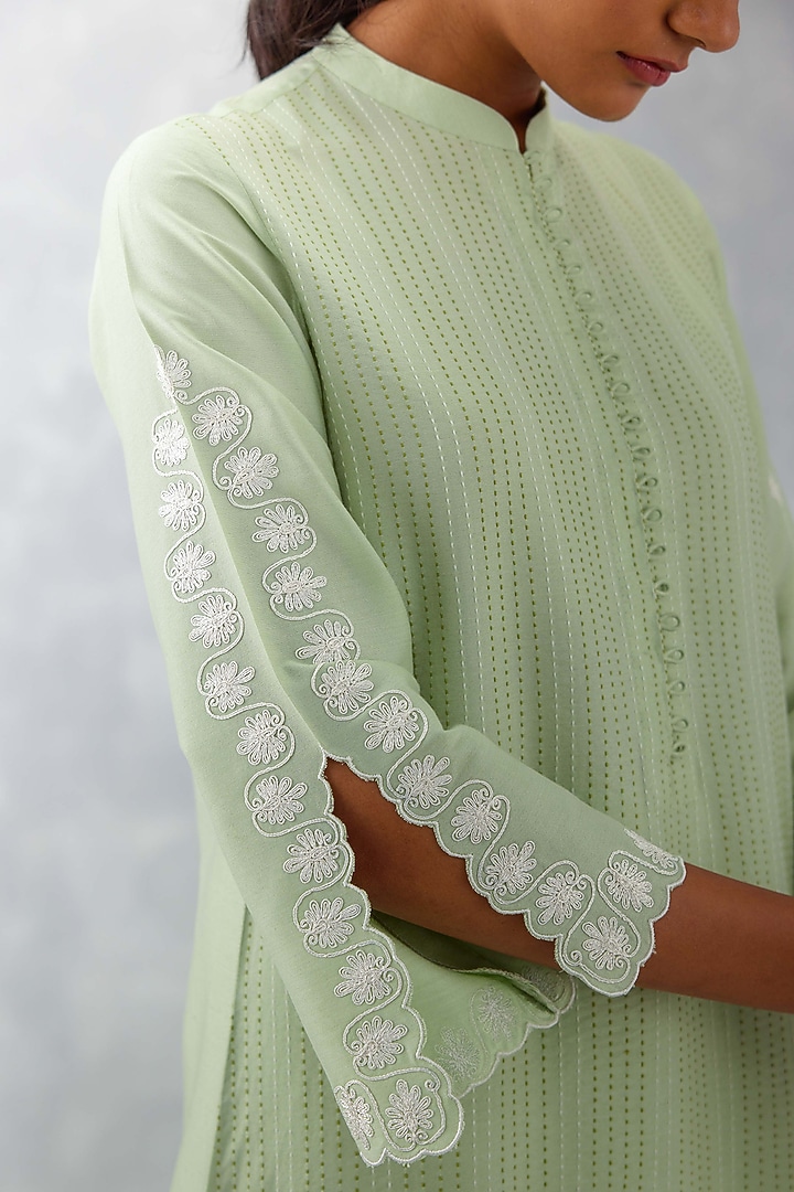 Sea Green Cotton SIlk Blend Embroidered Kurta Set by Devnaagri at Pernia's Pop Up Shop