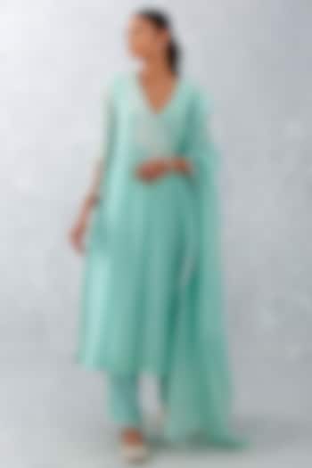 Aqua Blue Chanderi Embroidered Kurta Set by Devnaagri at Pernia's Pop Up Shop