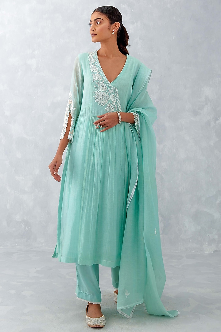 Aqua Blue Chanderi Embroidered Kurta Set by Devnaagri at Pernia's Pop Up Shop