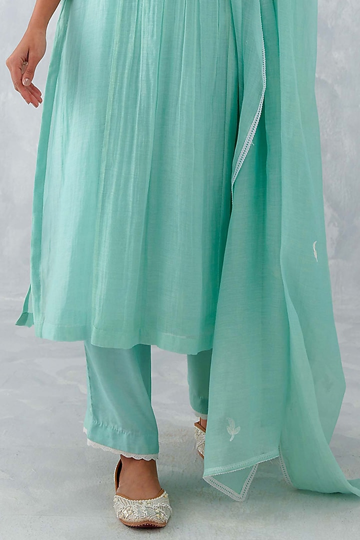Aqua Blue Chanderi Embroidered Kurta Set by Devnaagri at Pernia's Pop Up Shop