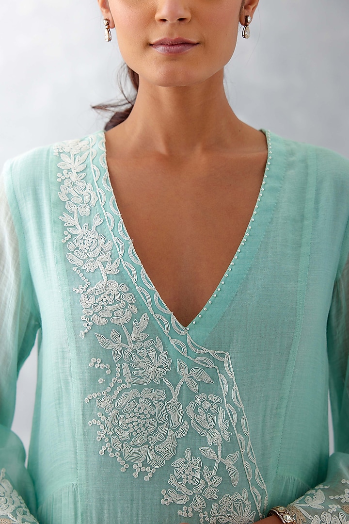 Aqua Blue Chanderi Embroidered Kurta Set by Devnaagri at Pernia's Pop Up Shop